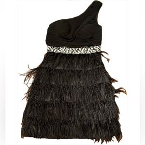 B. Darlin Black Feather Trim One-Shoulder Dress – Size 5/6